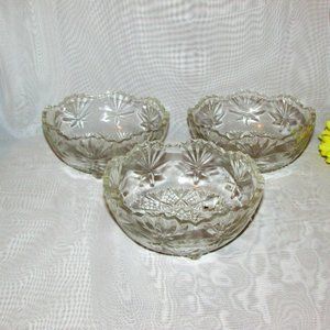 3 Vintage Clear Glass Dessert Snack Bowls Footed Fancy Pattern